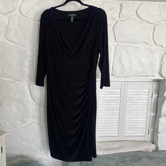Lauren Ralph Lauren Dress 16 black v neck gathered on the side - Picture 2 of 12